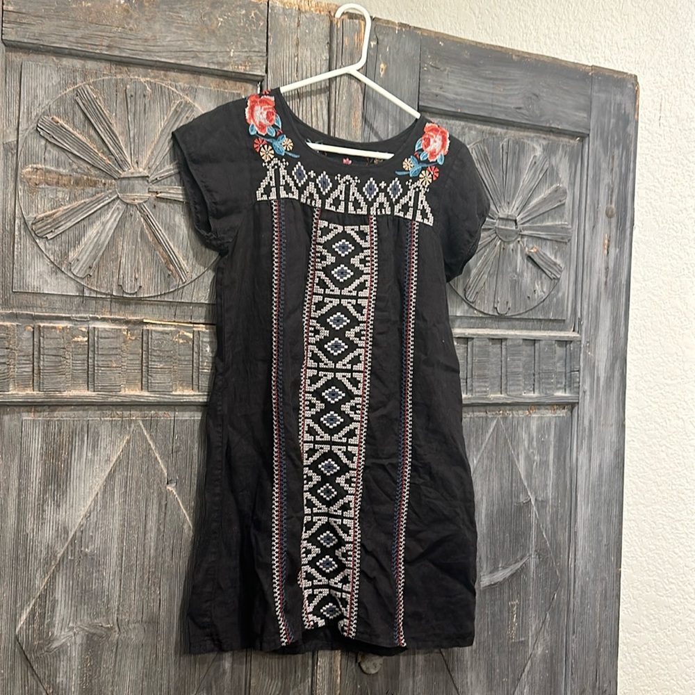 Johnny Was Floral Embroidery Button Down Linen Tunic Dress - Sz S